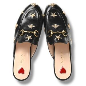 Gucci Princetown Black and Gold Embroidered Mules
